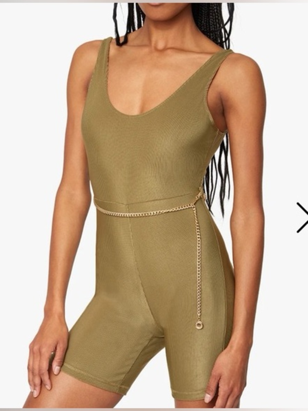 NWT. WEWOREWHAT Olive Green Ribbed Chain One Piece Active Bodysuit Romper. Med